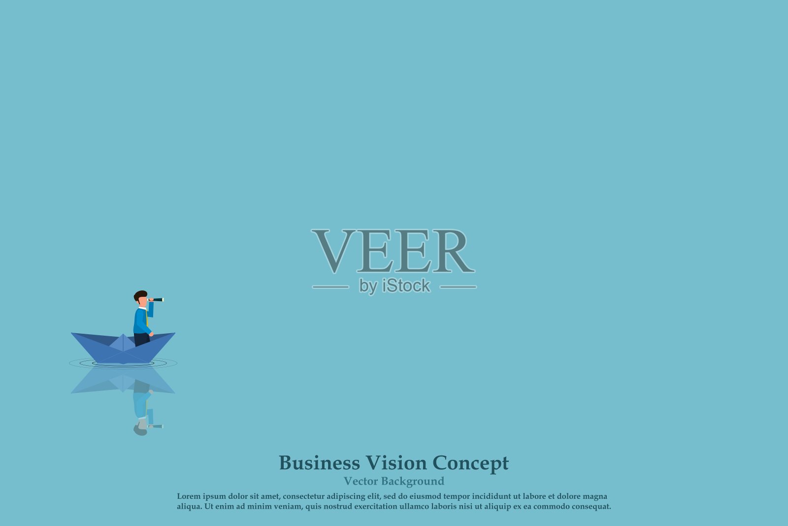 一个西装革履的商人在茫茫大海中的纸船上拿着双筒望远镜。寻找成功的进步,职业发展或业务发展,以获得更好的质量。矢量插图。插画图片素材