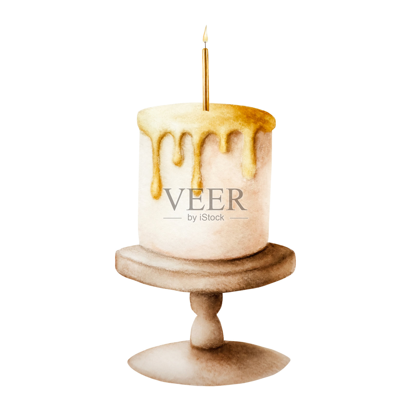 水彩生日,节日蛋糕与金蜡烛在木支架。手绘金色奶油插图孤立在白色背景。闪亮元素的设计师,印刷品,婴儿沐浴,明信片,包装纸,假期,儿童,封面。的海报插画图片素材