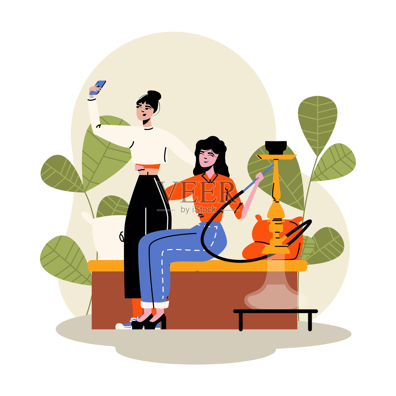 微笑的年轻朋友们在一起休息,拥抱和自拍插画图片素材