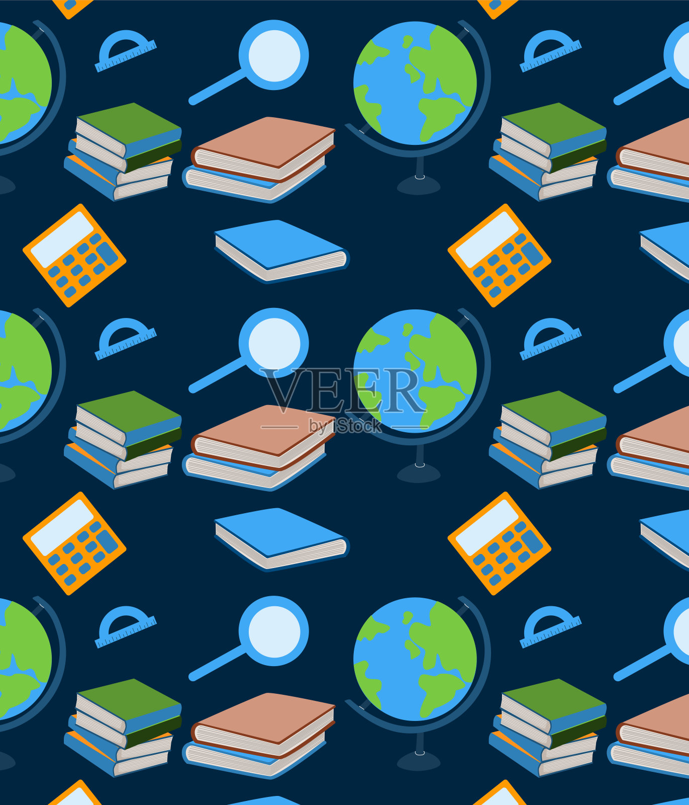 背景与书籍和地球仪形成无缝图案插画图片素材