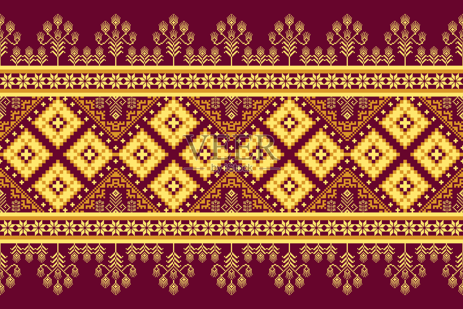 像素艺术纺织品图案无缝织物背景。抽象的民族广场设计,红黄相间。插画图片素材