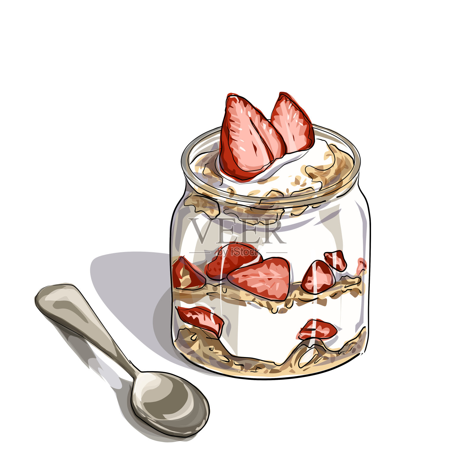 酸奶加熟草莓和燕麦片插画图片素材
