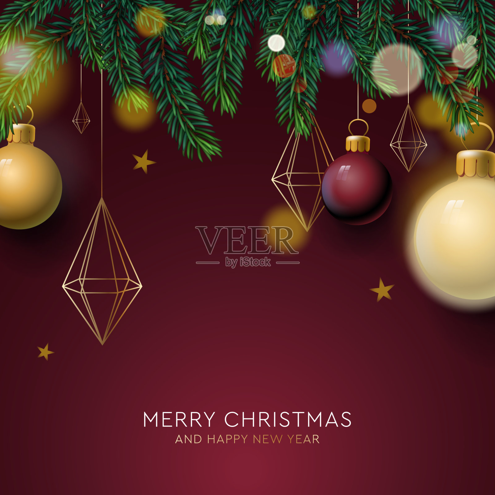 圣诞背景与冷杉枝和球,雪花在酒红色的背景。节日设计模板为寒假,矢量插图插画图片素材