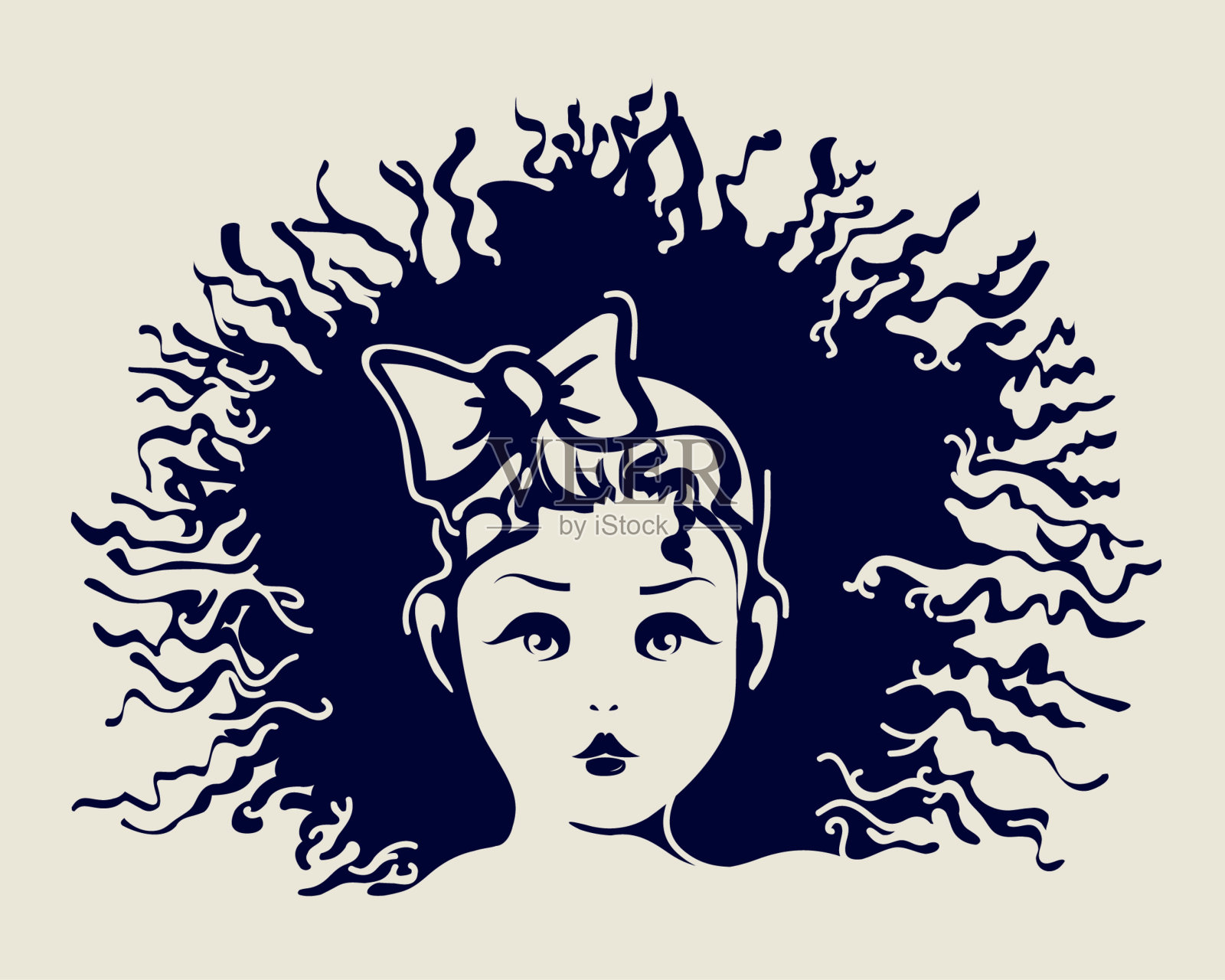 漂亮女孩的肖像。卷发型插图。美容院的标志。丝带蝴蝶结配件。插画图片素材