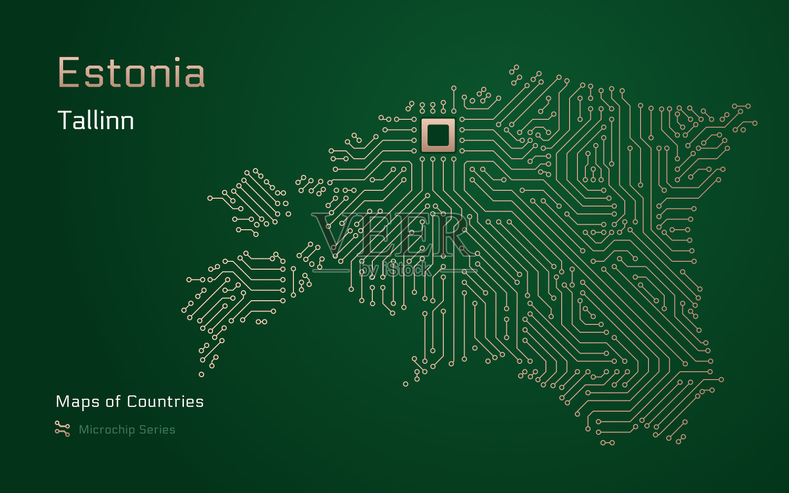 爱沙尼亚地图,首都为塔林,以带有处理器的微芯片模式显示。电子政务。插画图片素材