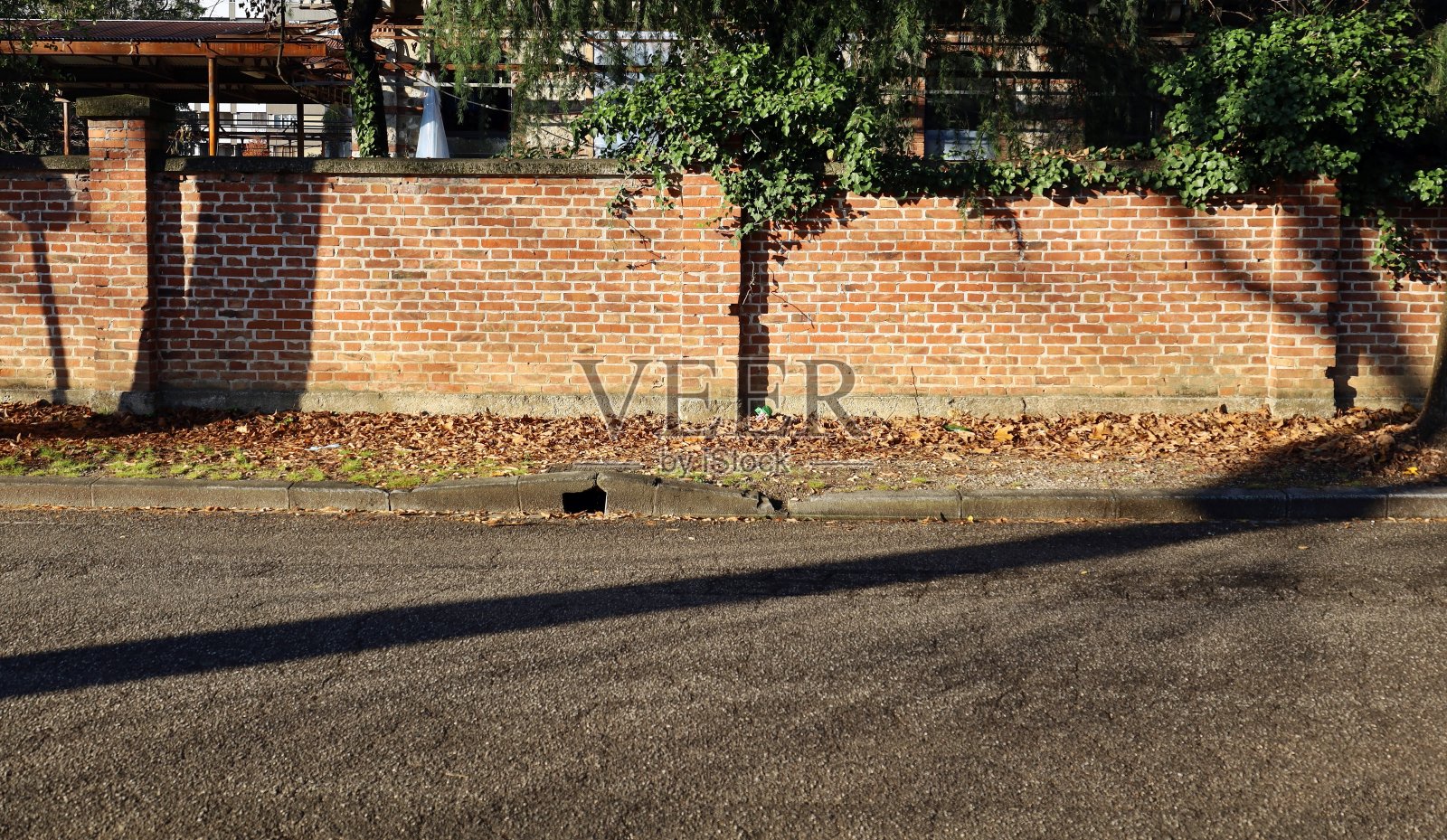 周围的砖墙在路边,人行道上覆盖着落叶和街道在前面。照片摄影图片