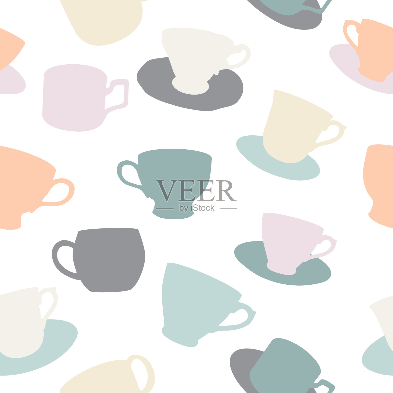 彩色杯子和盘子矢量无缝图案插画图片素材