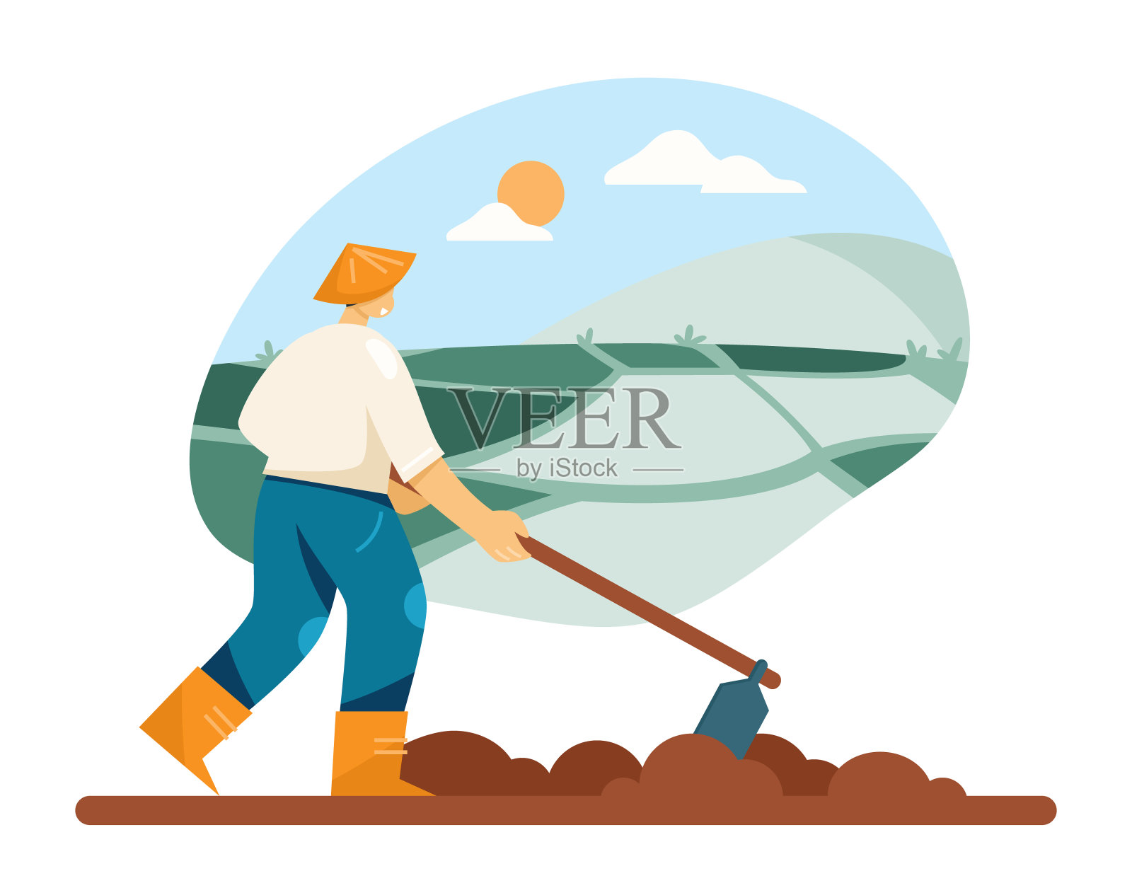 手持植物加工工具在水稻种植区工作的人。亚洲的水稻种植插画图片素材