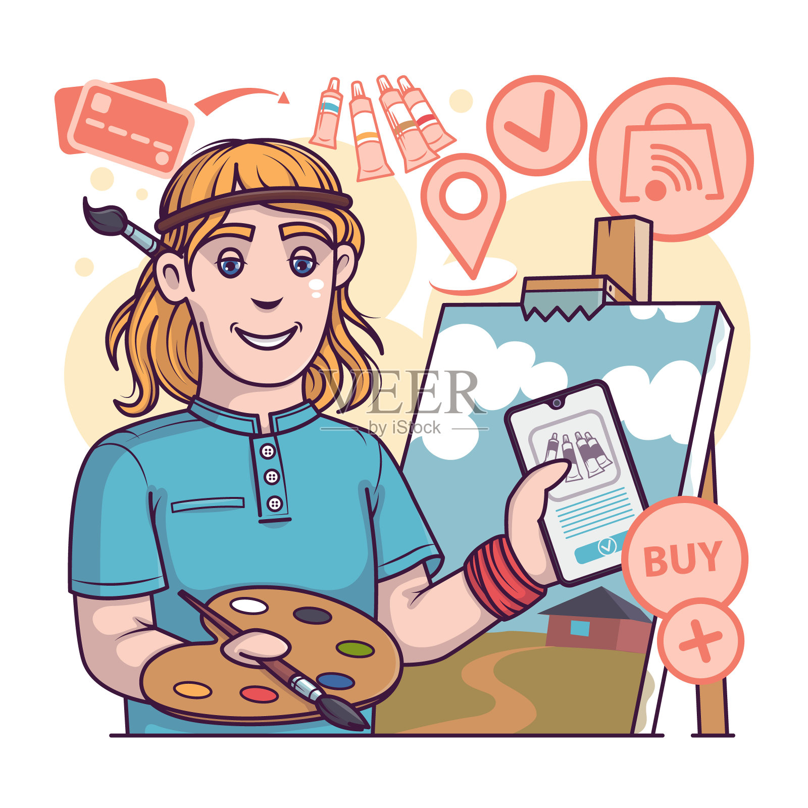 年轻男性通过智能手机绘制风景和购物。专业艺术家选择颜料插画图片素材