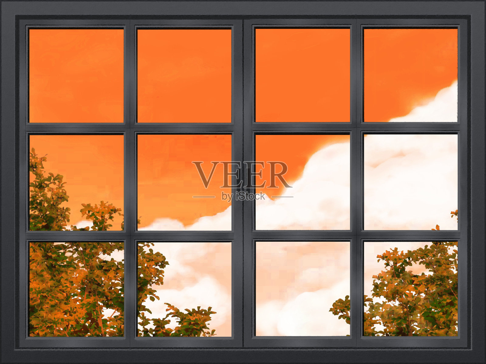 西式复古双开窗/黑色/夜空插画图片素材