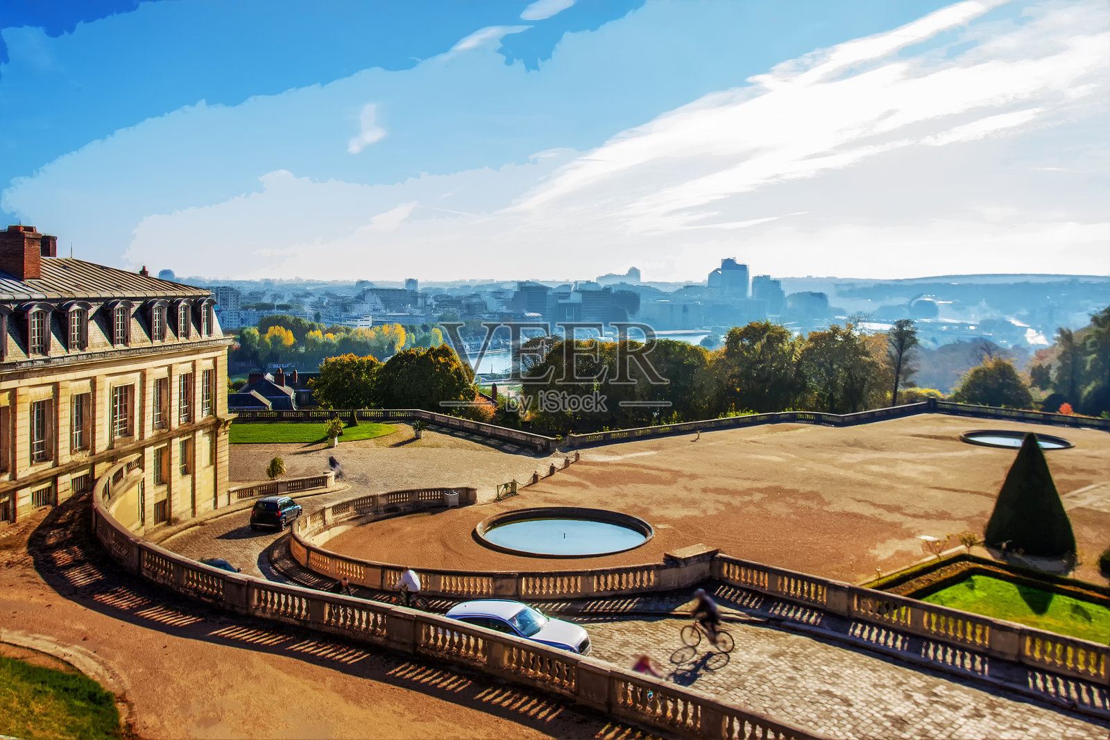 田园诗般的秋叶色彩景观与池塘雕像,盆栽植物在圣克劳德公园,巴黎照片摄影图片