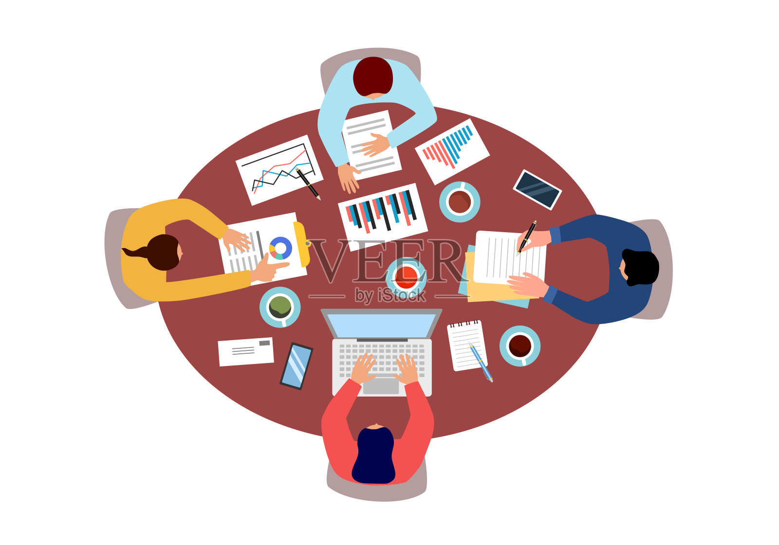 商务团队在会议室开会。团队合作,头脑风暴的员工在平面矢量插图一起工作。插画图片素材