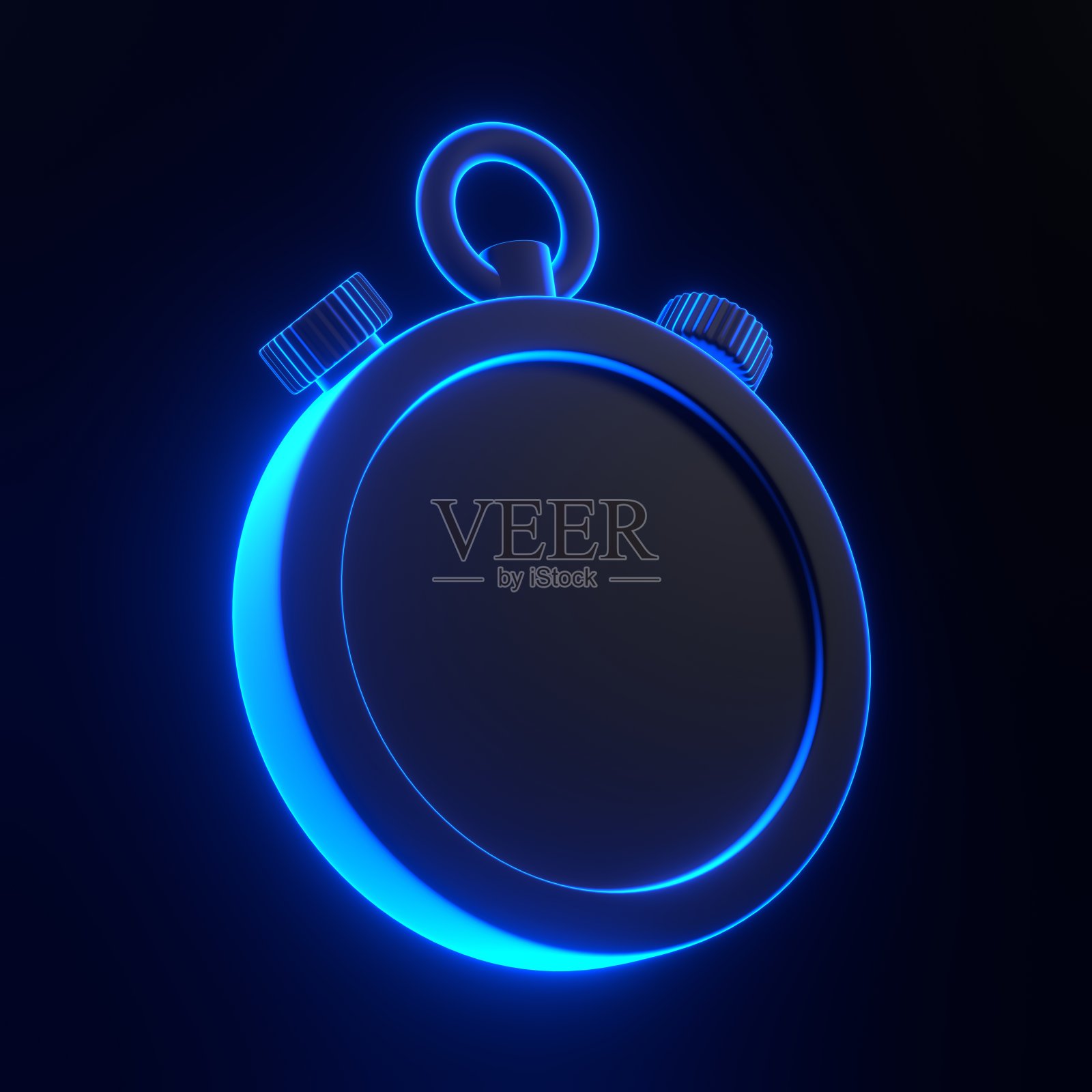 秒表与明亮的发光未来的蓝色霓虹灯在黑色背景照片摄影图片