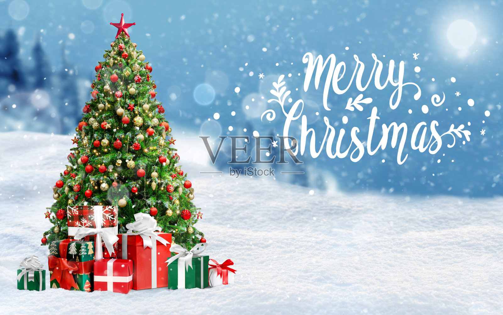 圣诞树在美丽的雪景冬日照片摄影图片