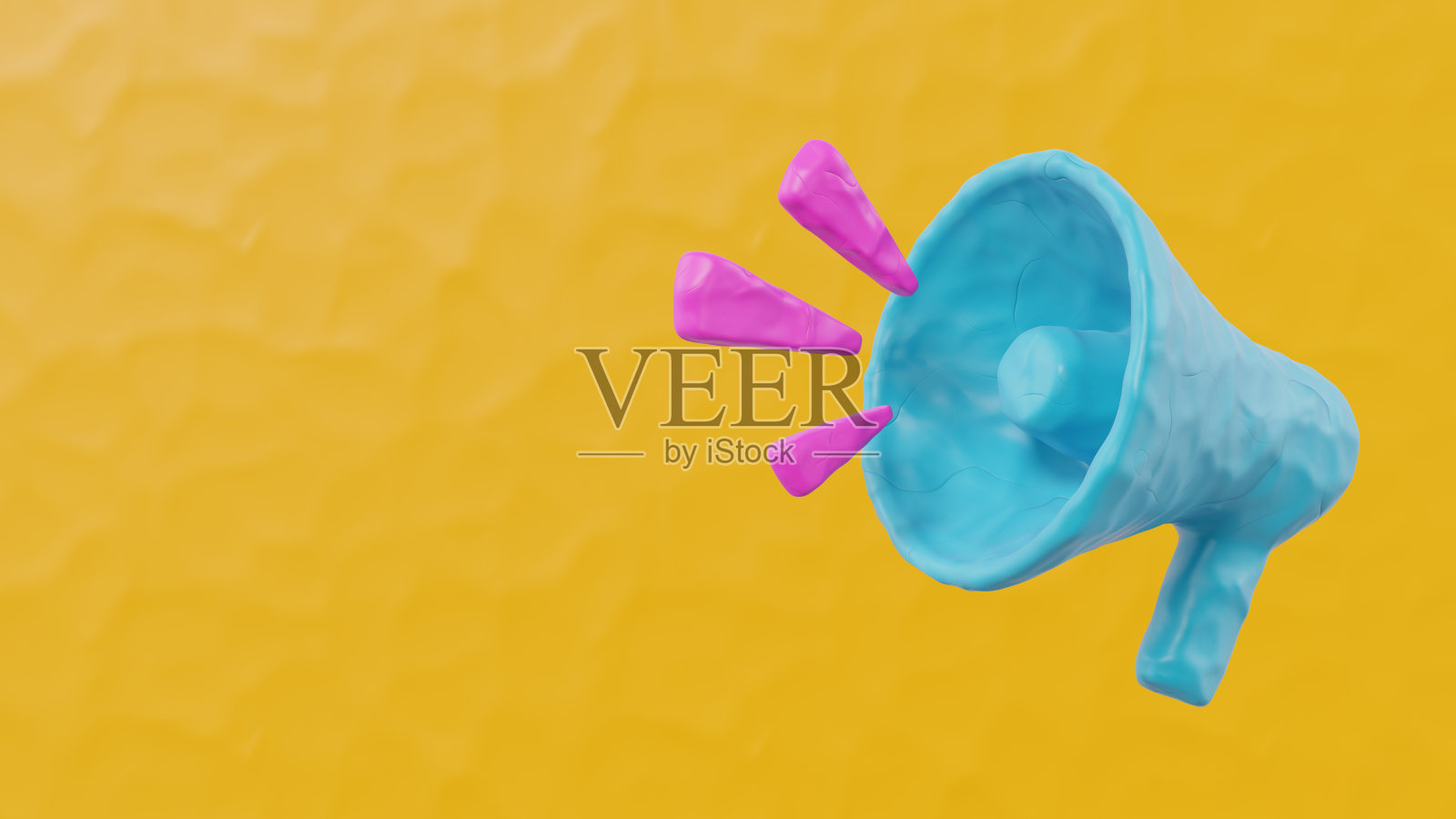 橡皮泥风格的黄色背景蓝色扩音器。广告或促销横幅的概念。3 d渲染。照片摄影图片