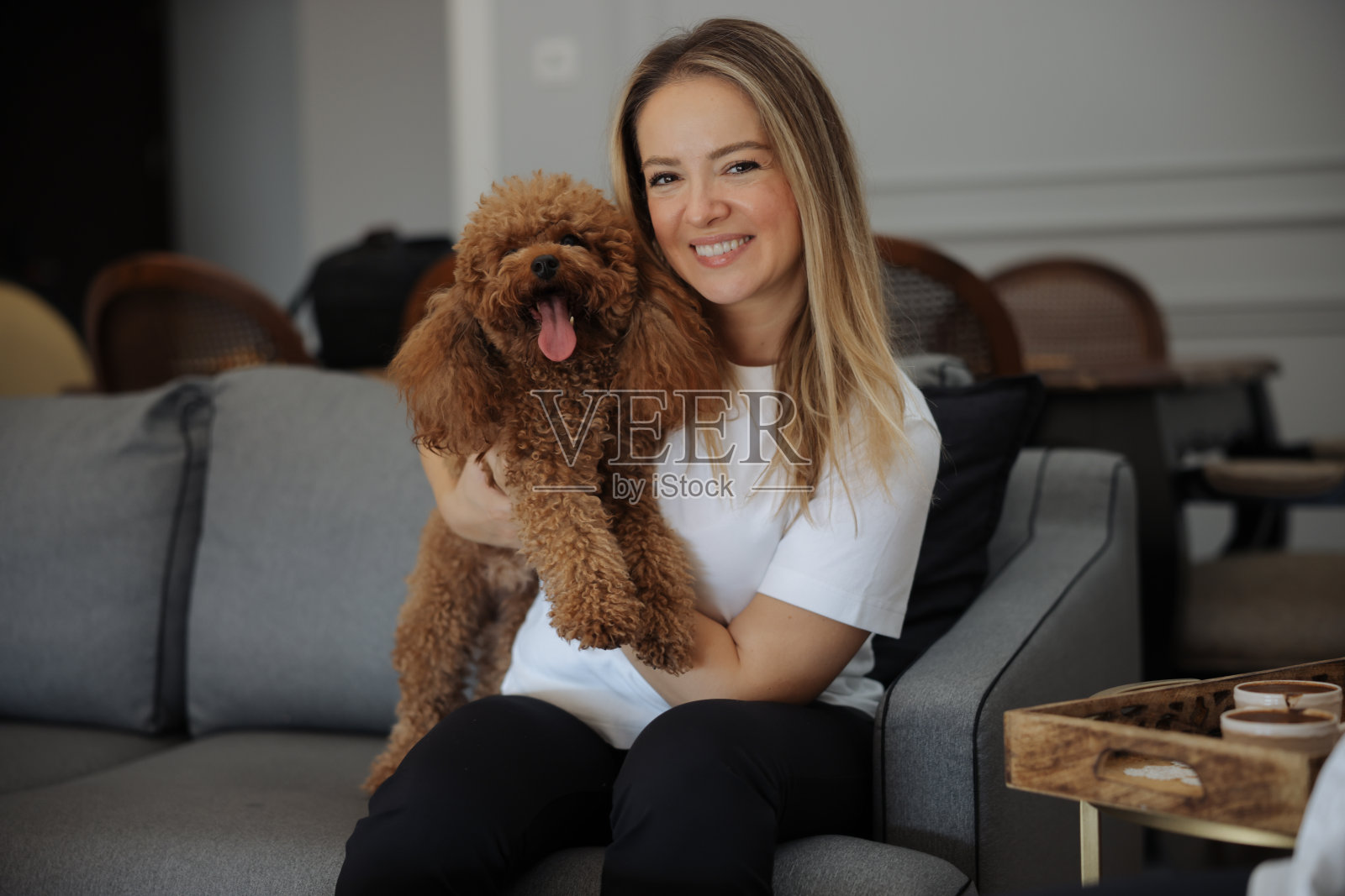 中年妇女和她的杏水坑狗早晨在沙发上相遇照片摄影图片