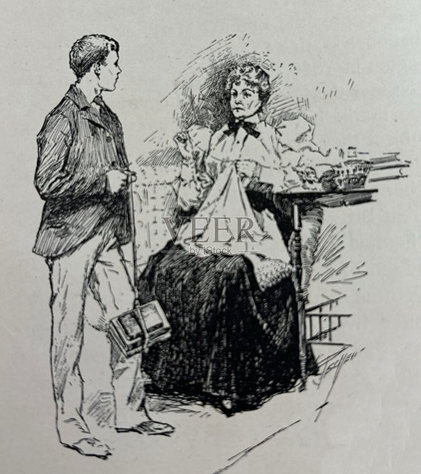 古色古香的插图——男孩拿着用皮带装订的书,和坐在桌子旁的女人说话插画图片素材