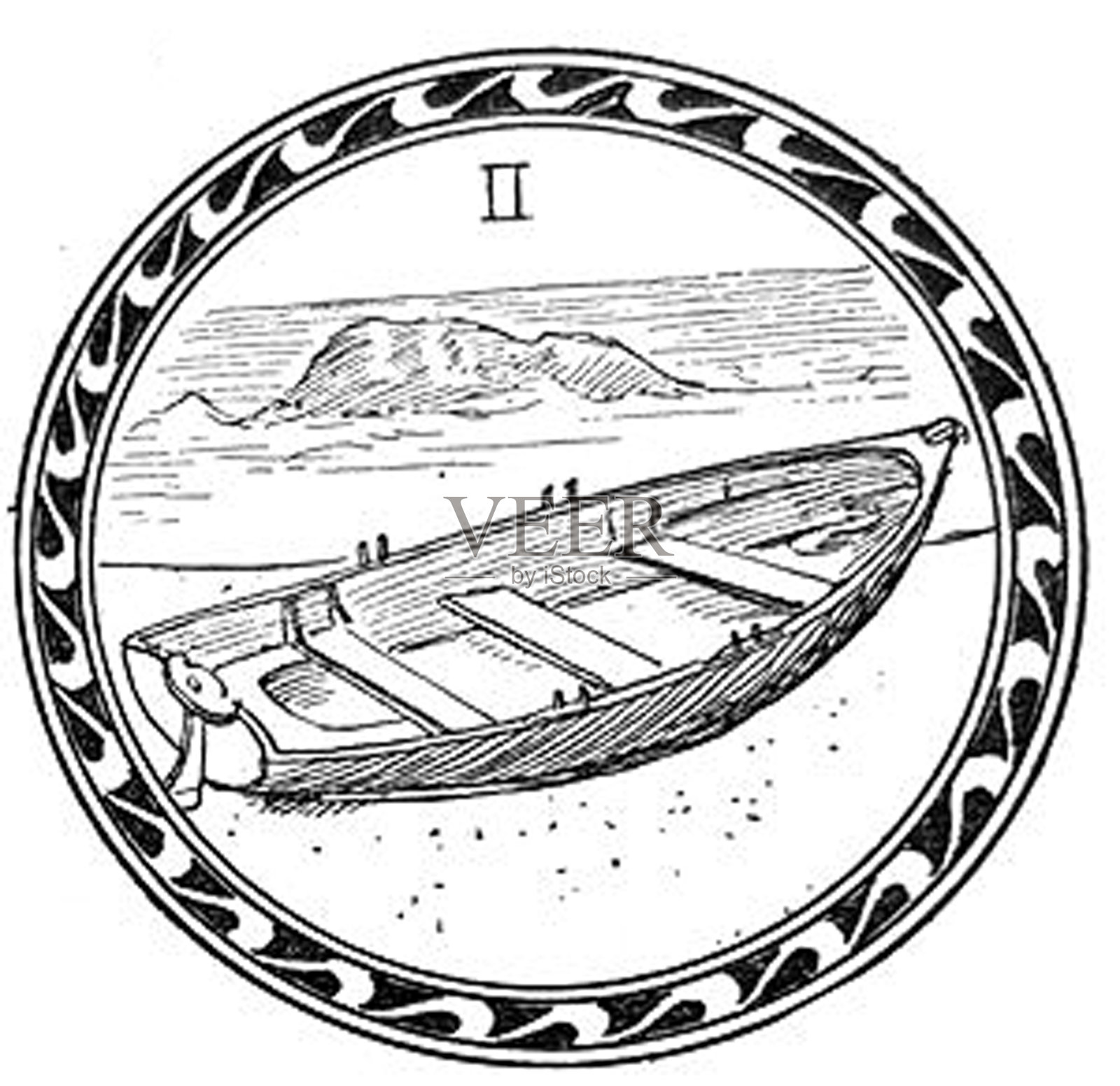 古色古香的插图-画在沙滩上的划艇在一个圆形框架内插画图片素材