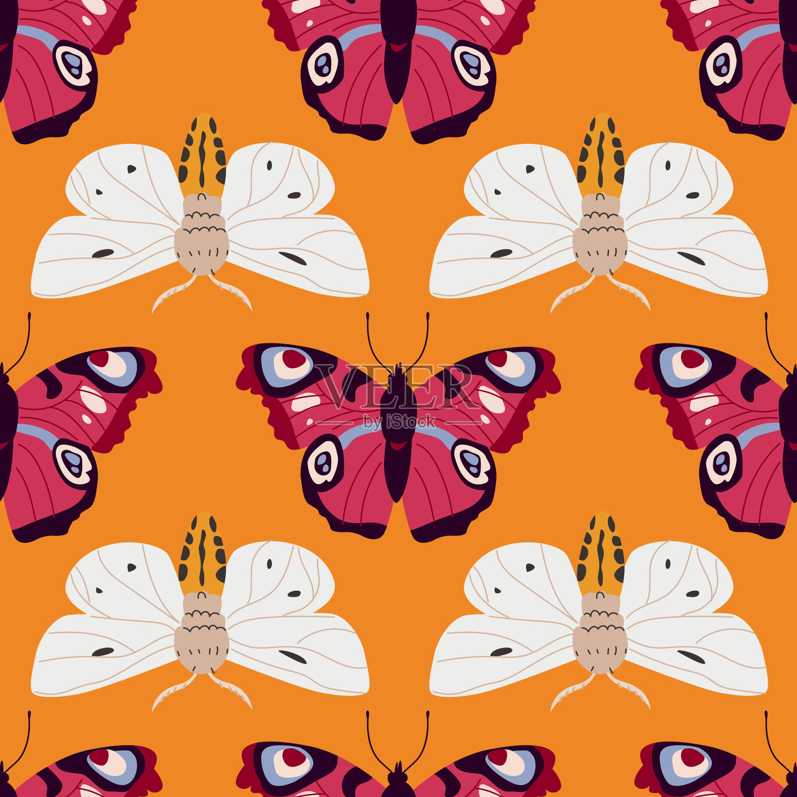 无缝图案与蝴蝶和飞蛾。墙纸上装饰着彩色翅膀的昆虫。无尽的平面矢量插图插画图片素材