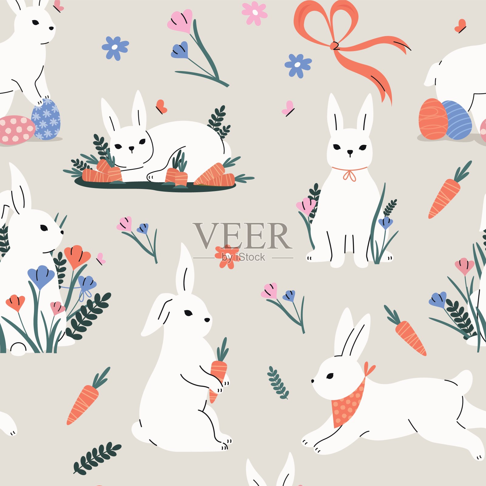 可爱的兔子图案。无缝印刷卡通彩色兔头,幼稚的动物面孔用于包装纸织物,节日贺卡背景。矢量纹理插画图片素材