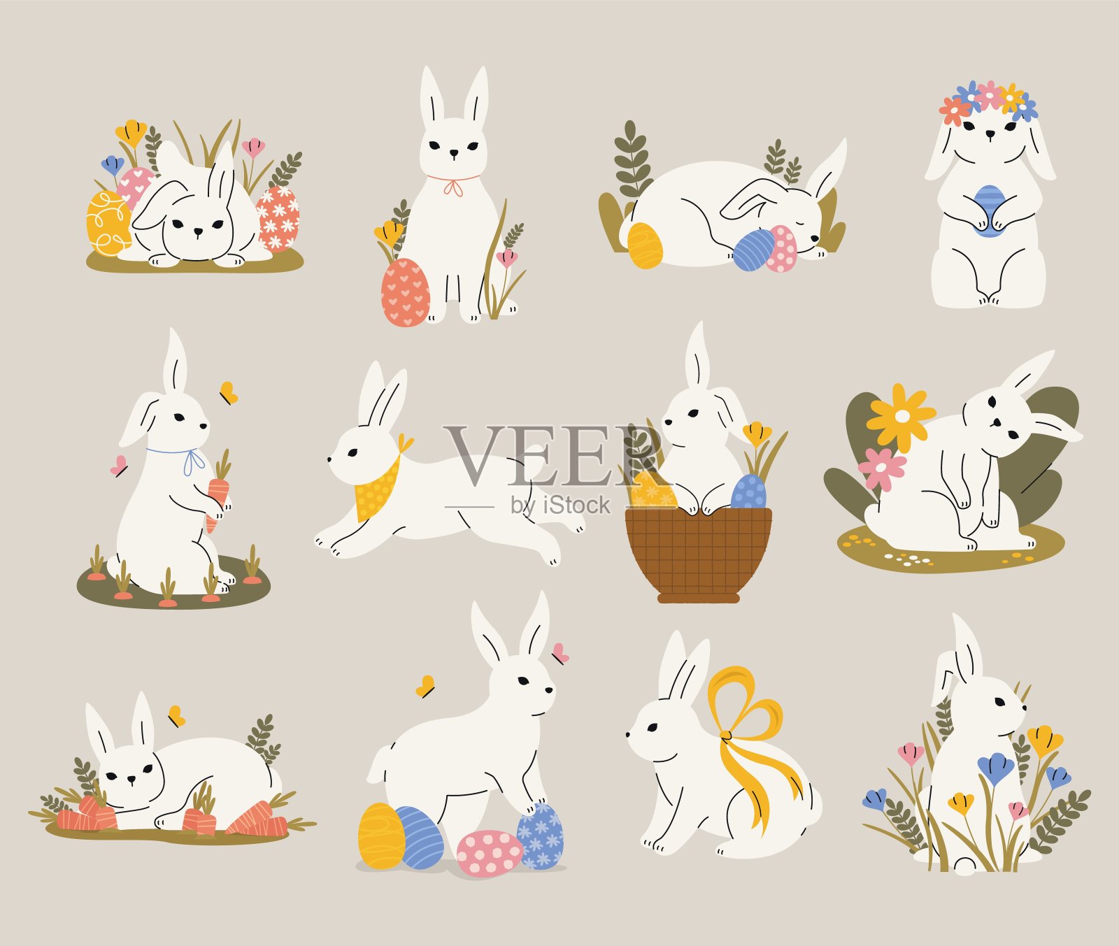 可爱的卡通复活节兔子。传统的兔子平字节日贺卡,可爱的兔子在不同的姿势。矢量儿童假日套装插画图片素材