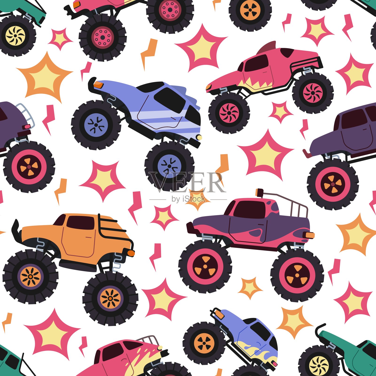 怪物卡车图案。车辆与怪物卡车轮胎和发动机的无缝打印,卡通道路车辆纹理用于包装纸印刷。车辆运输模式图示插画图片素材