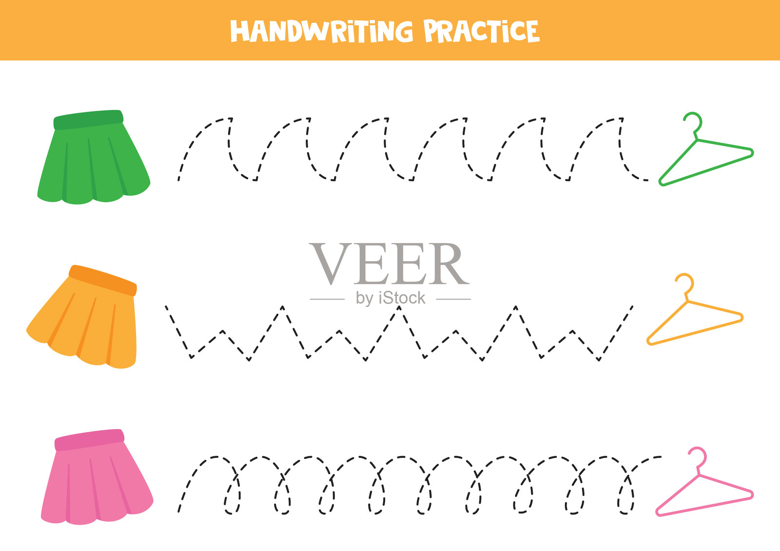 为孩子们画线。可爱的彩色裙子和衣架。书法练习。插画图片素材
