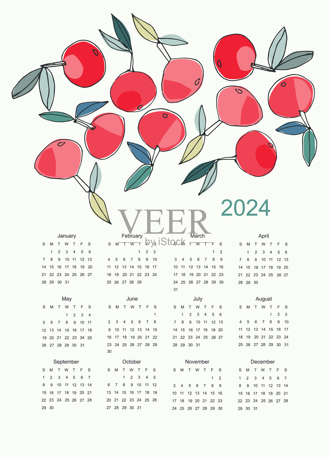 2024年的日历上画着明亮的苹果插画图片素材