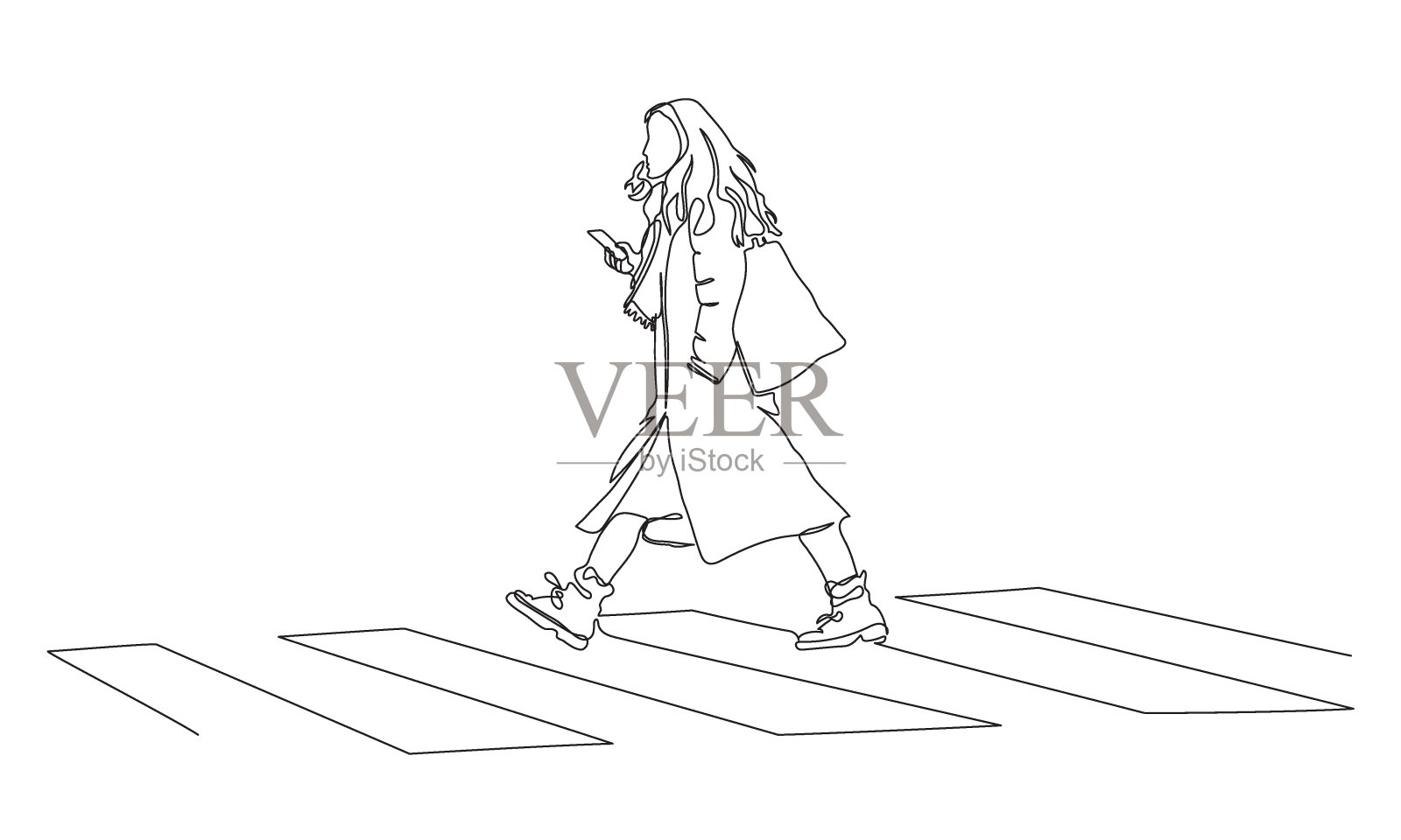 妇女使用斑马线过马路。侧视图。连续线条绘制。黑白矢量插图在线艺术风格。插画图片素材