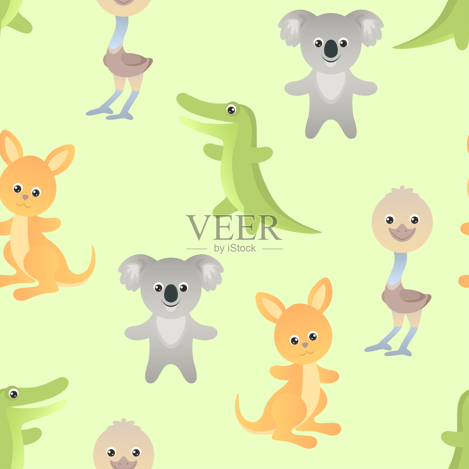 有趣可爱的澳大利亚动物无缝图案。卡通鳄鱼,考拉熊,鸵鸟鸸鹋和袋鼠。孩子的性格。简单的矢量插图。插画图片素材
