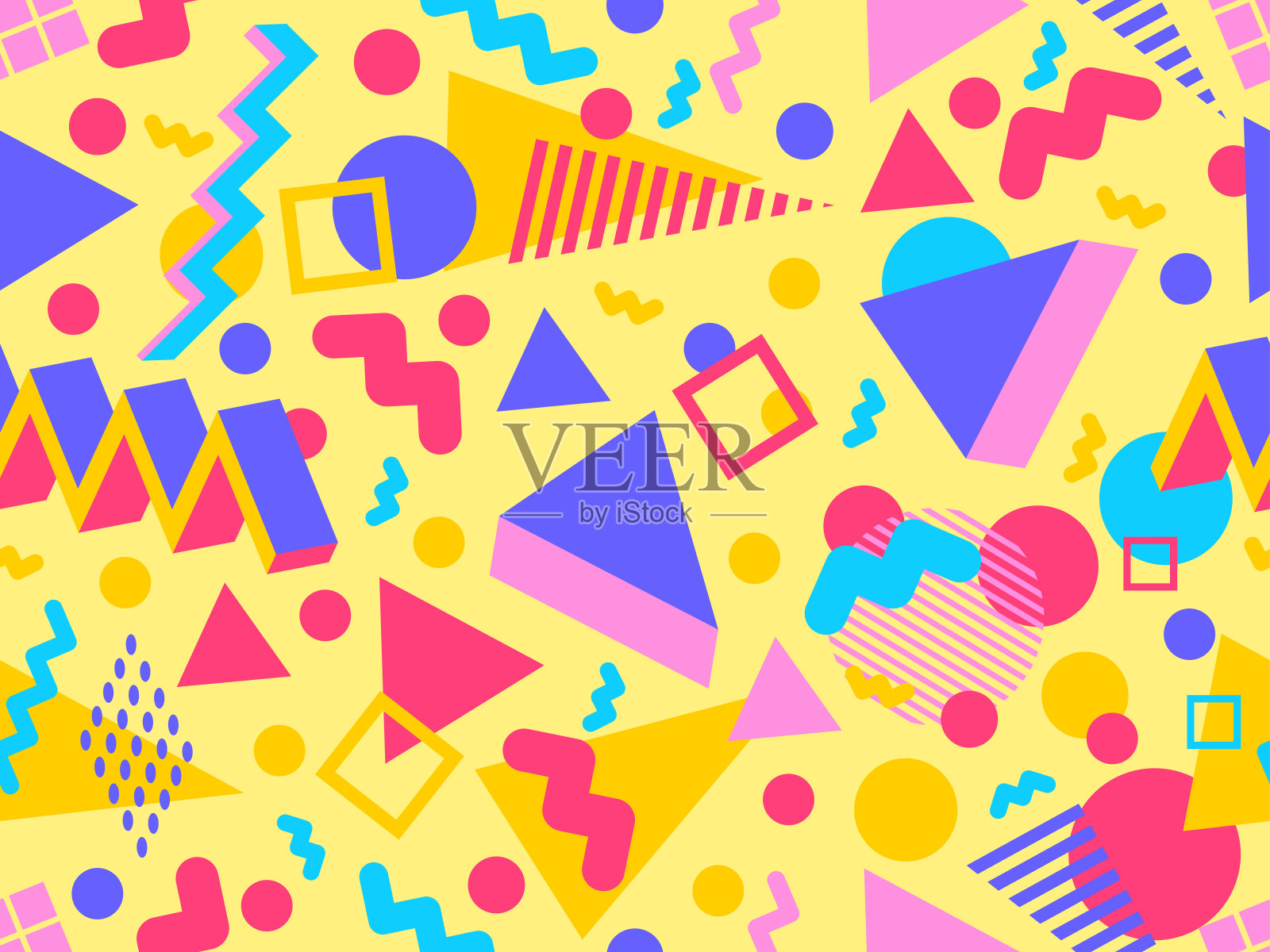 80年代风格的3D几何无缝图案。三维等距三角形,之字形和圆形。设计促销产品,包装纸和印刷。矢量图插画图片素材