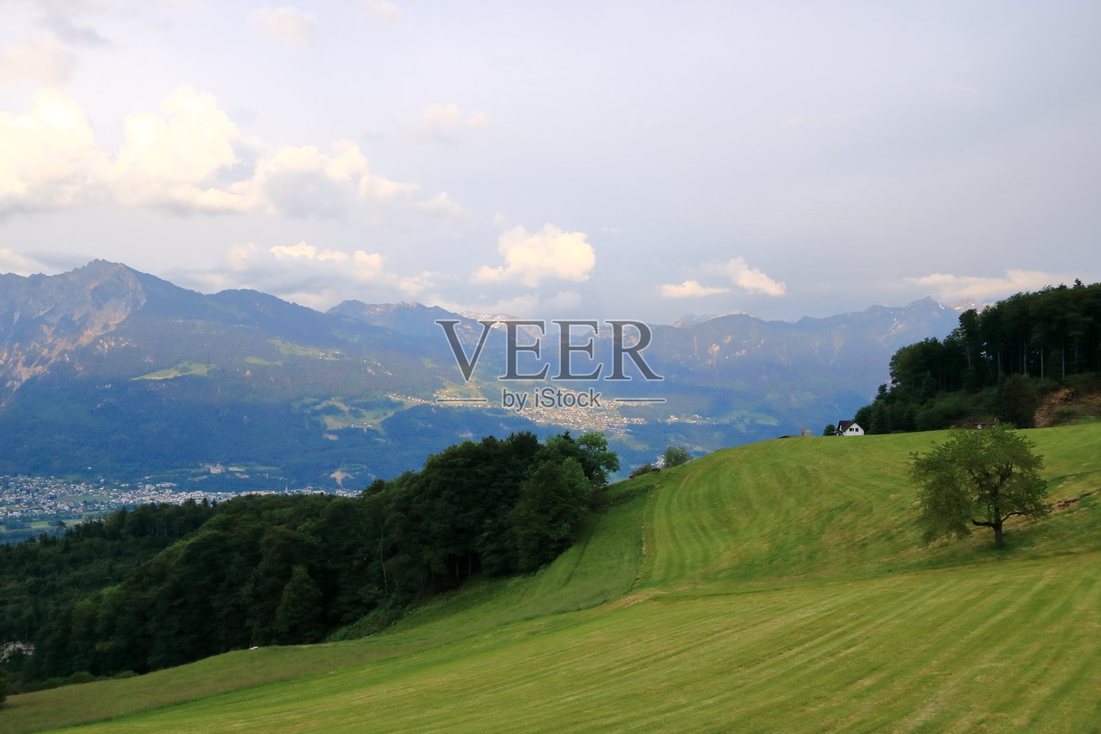 全景从瑞士到列支敦士登,瓦杜兹市和莱茵河照片摄影图片