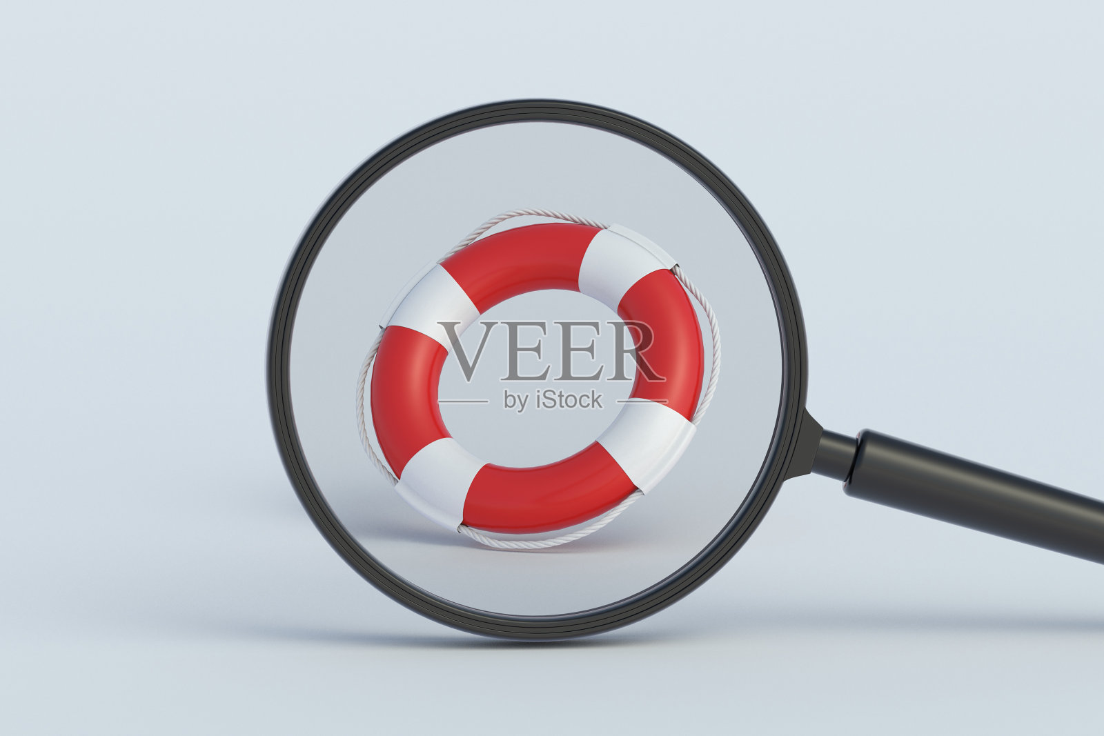 放大镜后面的救生圈。三维渲染照片摄影图片