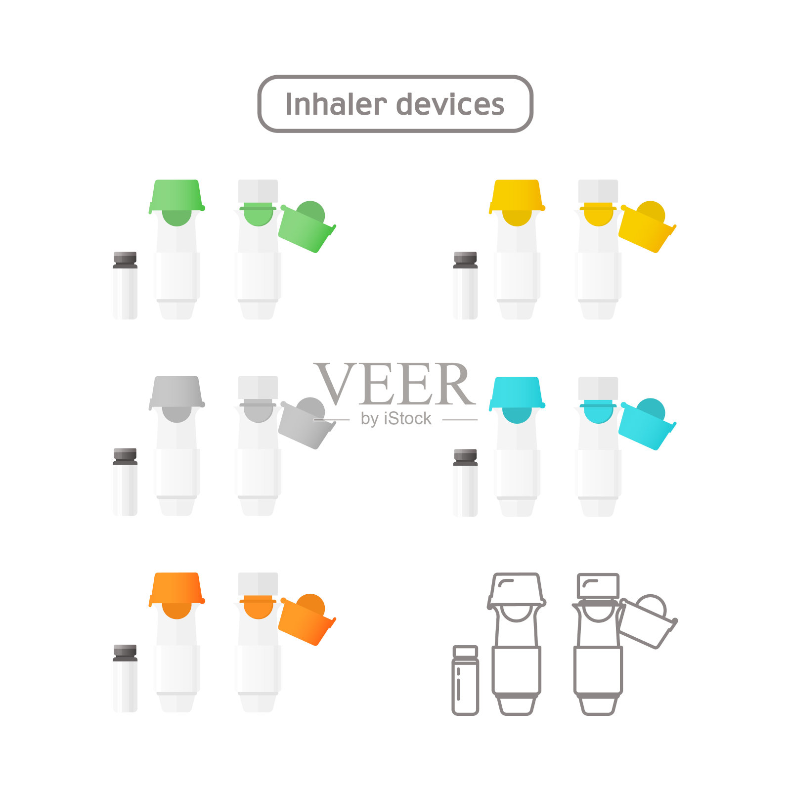 在白色背景上隔离的彩色和轮廓的吸入器装置图标的集合。用于止咳、吸入、过敏患者。插画图片素材