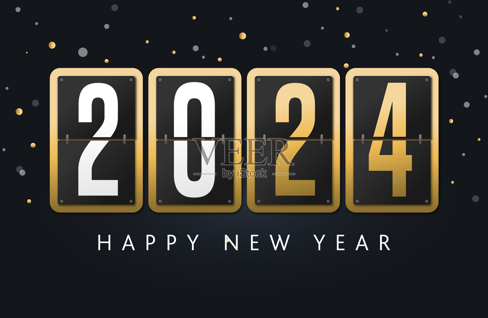 2024年新年快乐问候设计与数字翻转计数器或倒计时时钟显示在黑色背景与烟花插画图片素材