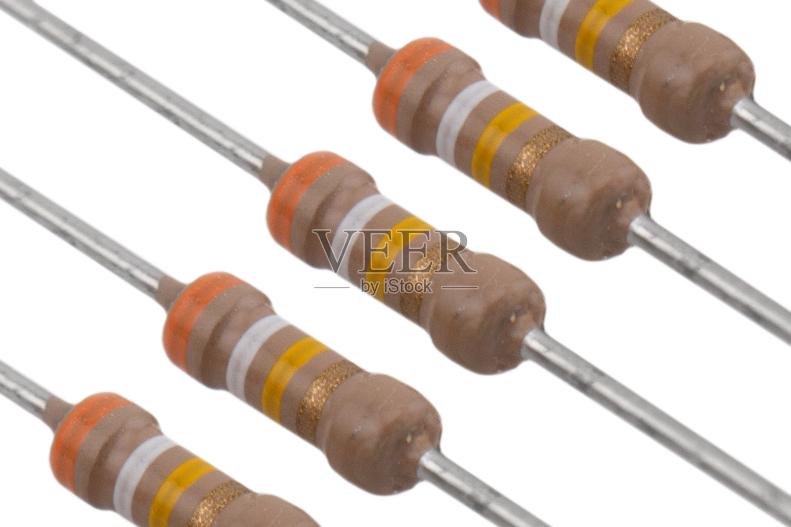 电子电阻纹理隔离在白色背景上。隔离碳膜电阻器。微距拍摄各种电子元件照片摄影图片