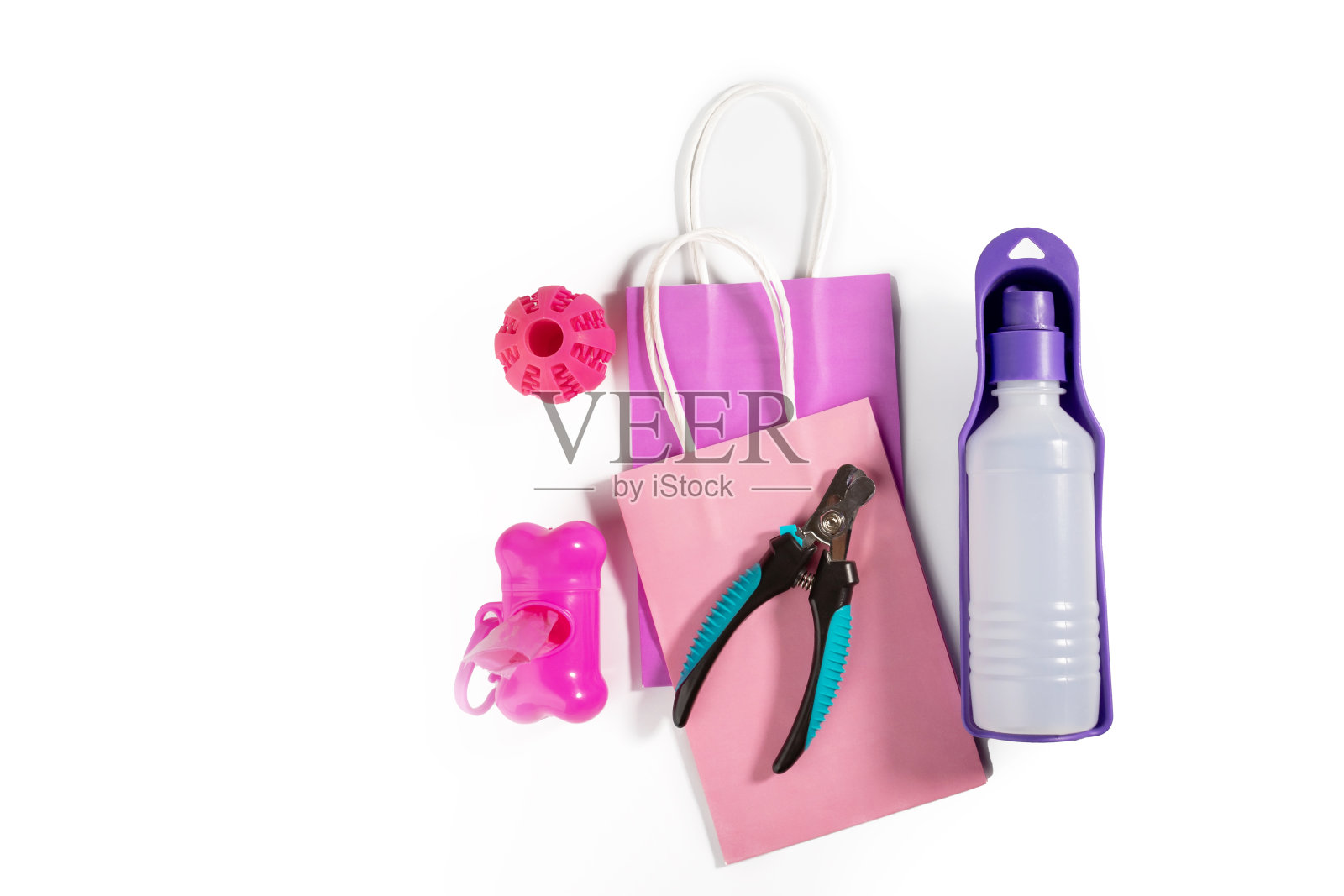 猫狗超市,宠物饰品白色背景,复制空间,俯视图,平铺照片摄影图片