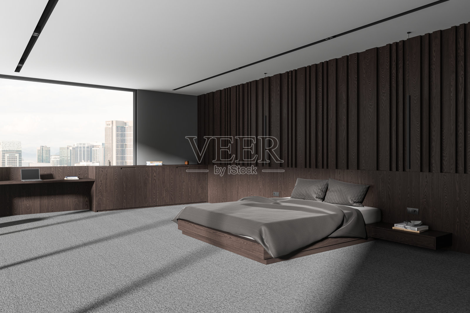 木质和灰色的卧室角落与工作场所照片摄影图片