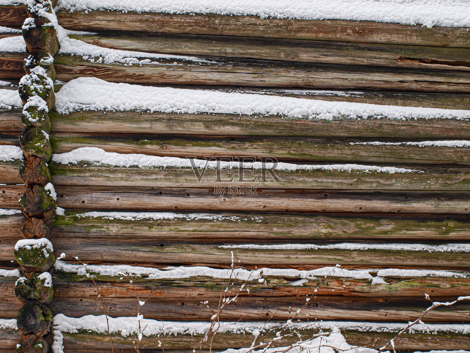 一堵由积雪覆盖的老原木砌成的墙照片摄影图片
