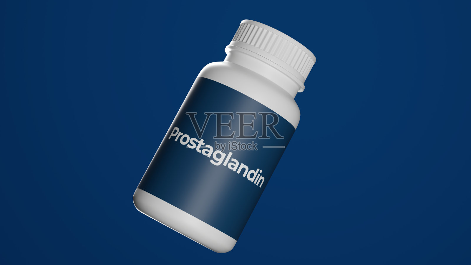 蓝色背景瓶中分离的药物类前列腺素。用于青光眼治疗、子宫内容物排出、引产。3 d渲染。照片摄影图片