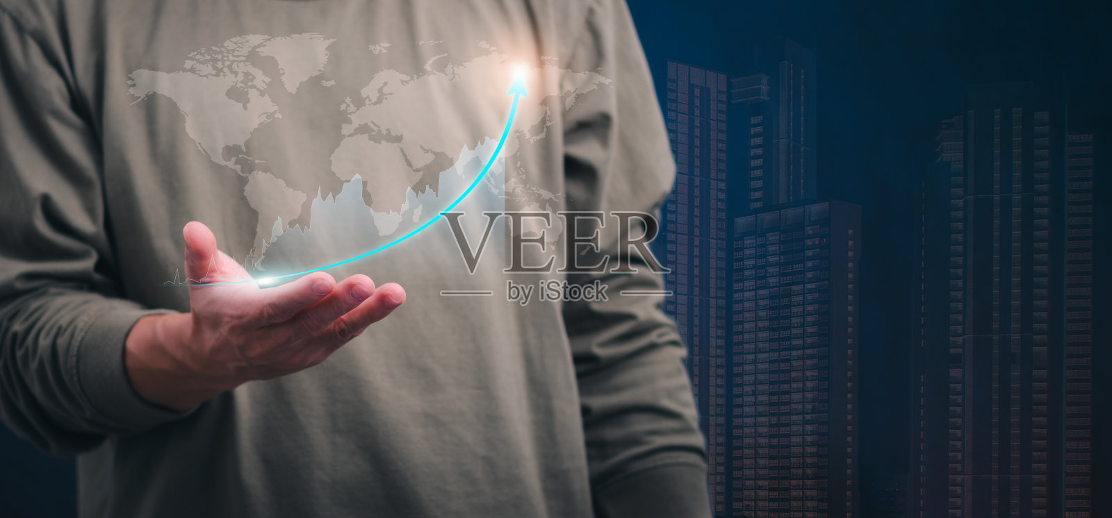 规划和战略,股票市场,业务增长,进步或成功的概念,商人或交易员显示房地产股票虚拟全息图,投资股票市场交易或数字资产。照片摄影图片