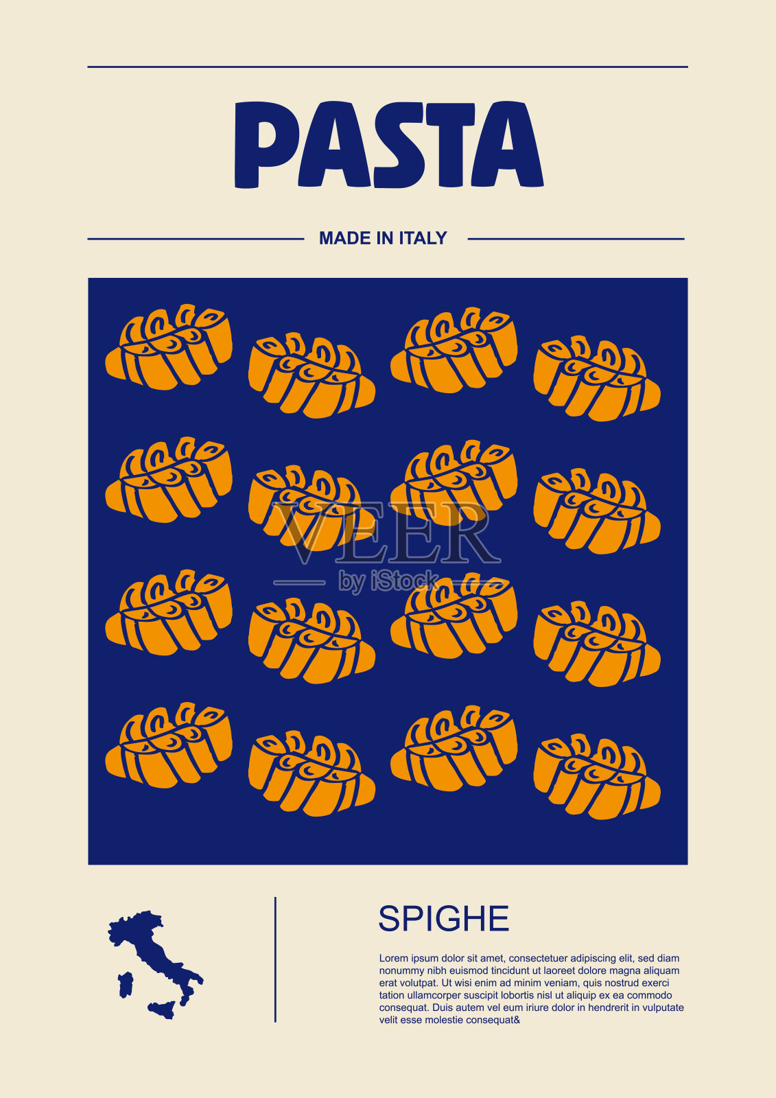 意大利通心面种类、包装标签设置。Spighe面食。有机天然产品,烹饪菜肴的美食原料。手工制作,美味可口。平面样式矢量插画图片素材