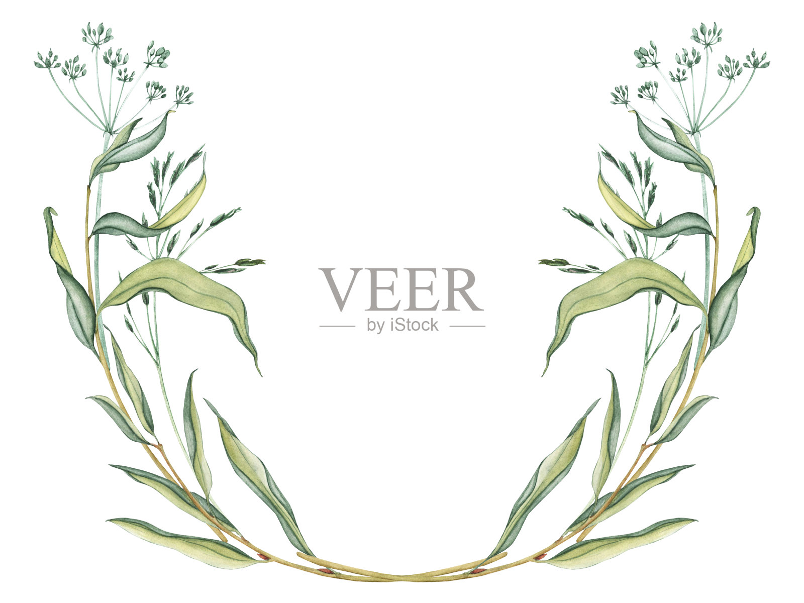 水彩框架花束草甸的叶子和黄色的三色堇,花朵,树枝和野生干草。自然界常绿的草地,春天的草甸。夏天植物学。自然绿色调插画图片素材