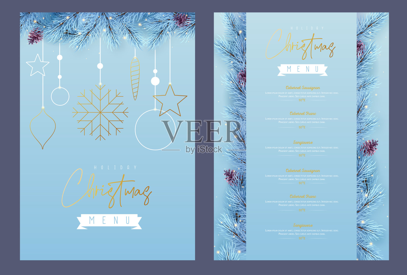 餐厅圣诞假期菜单设计与圣诞花环在蓝色背景。矢量图插画图片素材