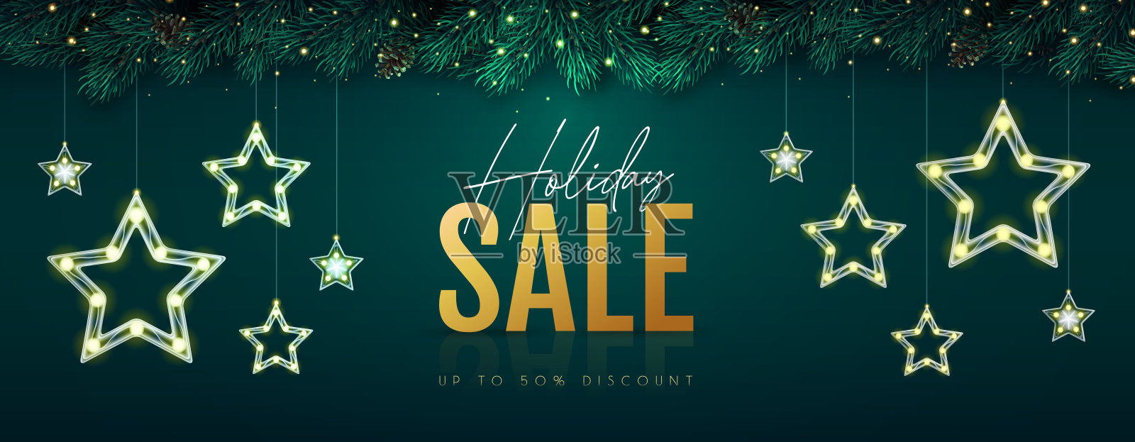 圣诞假期销售横幅与现代发光星灯翡翠背景。矢量图插画图片素材