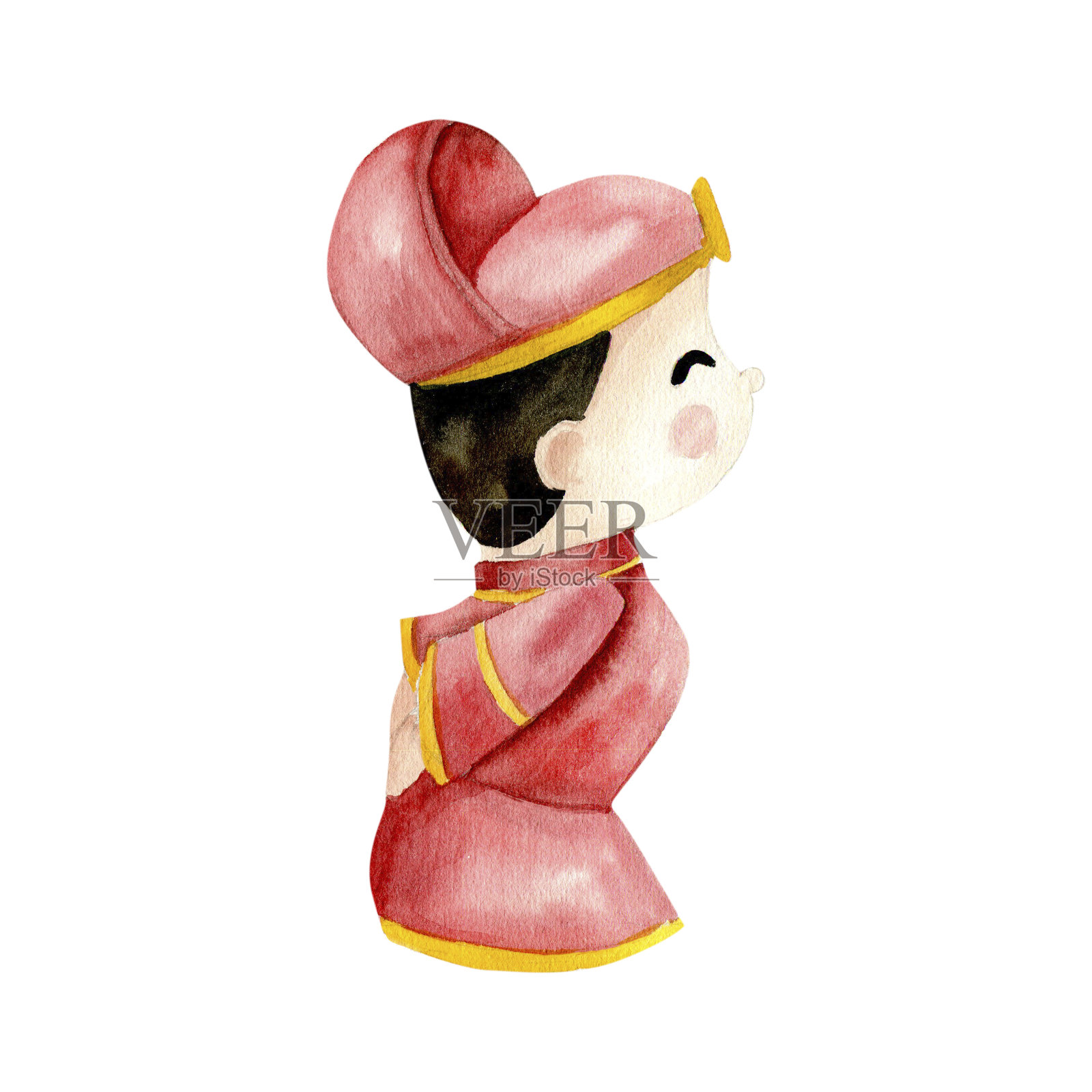 水彩亚洲风格新郎在红色的礼服和帽子。传统的韩国,中国男孩在婚礼礼服的邀请,情人节贺卡,海报设计。木制玩具的剪贴画照片摄影图片