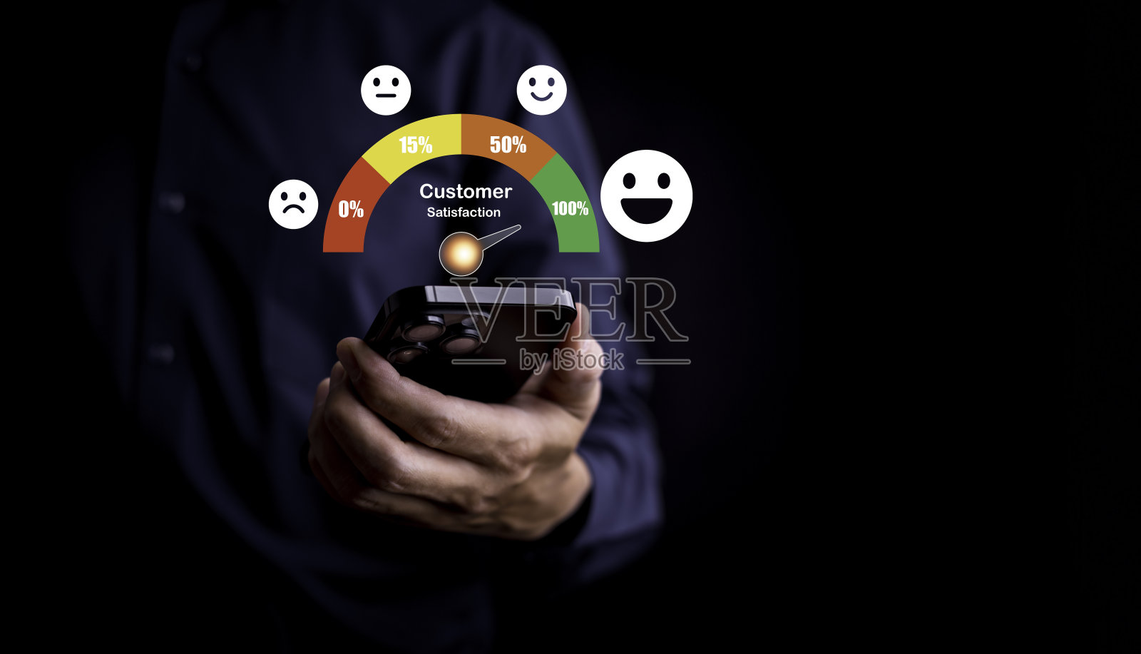 顾客服务满意理念。手勾标记积极情绪的笑脸图标和五星与复制空间。满意,反馈,审查,好,最好,好产品和服务,质量照片摄影图片