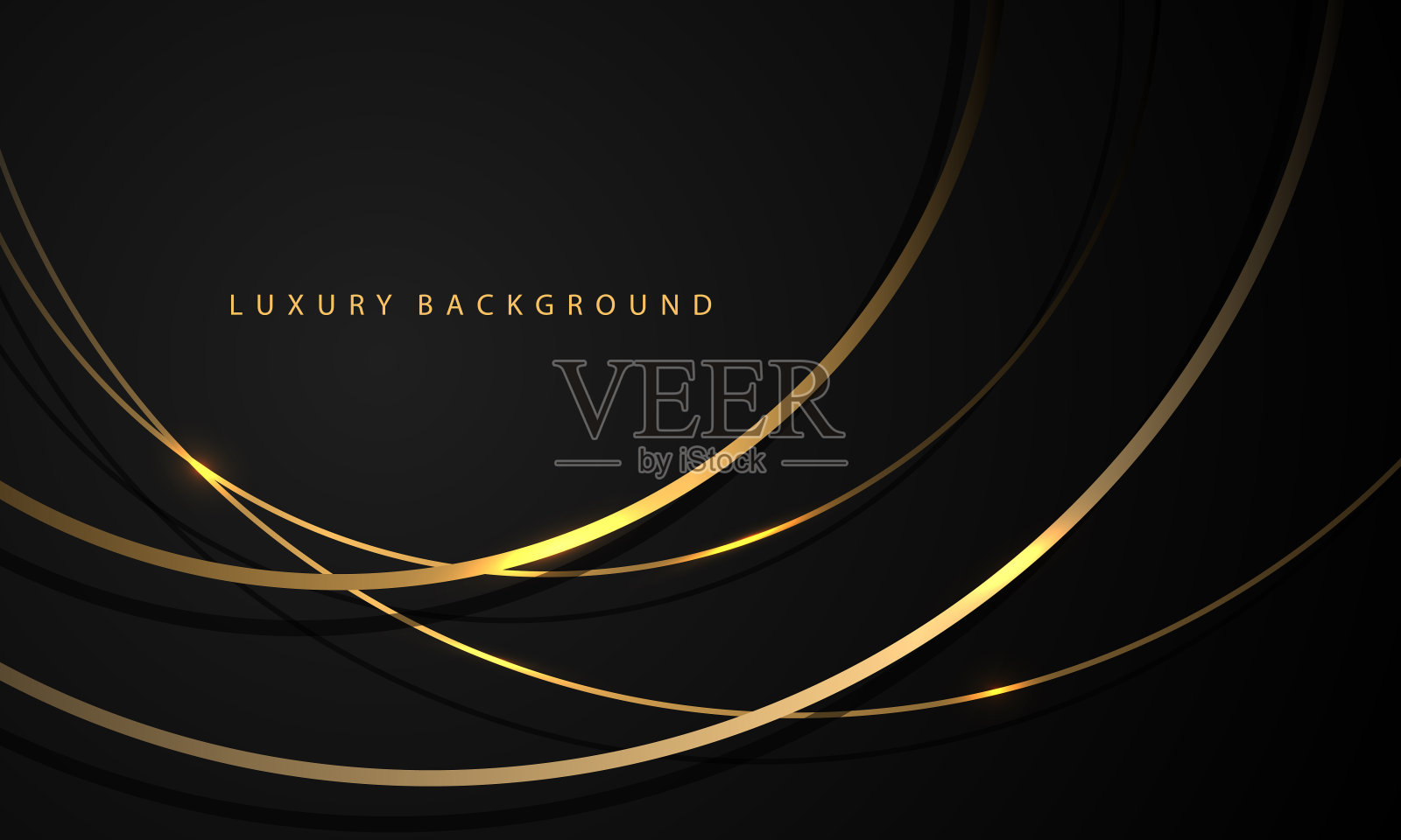 抽象的金色线条曲线重叠在黑色空白空间上设计现代奢华的背景向量插画图片素材