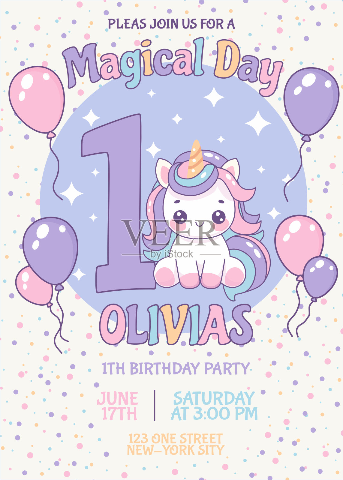生日邀请卡设计与数字,独角兽和气球插画图片素材