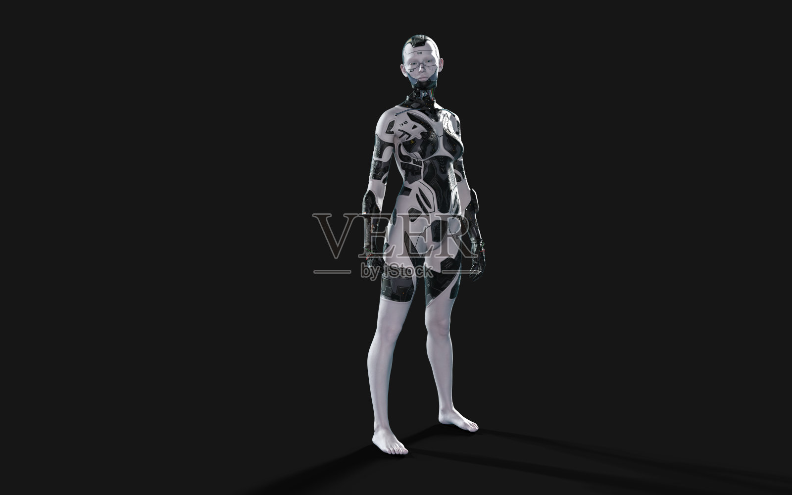 一个女性人工智能机器人在黑色背景上摆姿势照片摄影图片